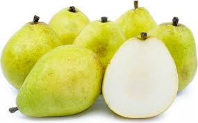 Fresh whole and sliced pears with a light green-yellow skin.